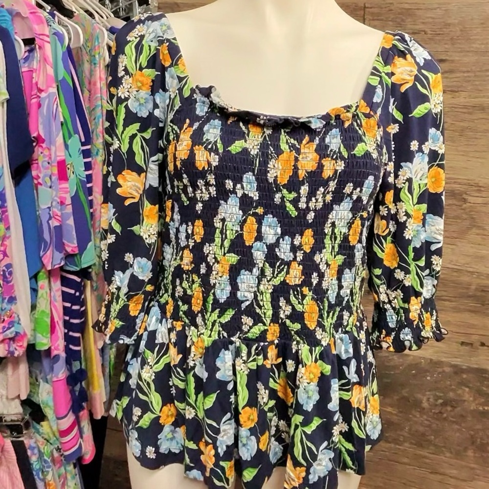 Draper James Navy Blouse with Orange and Blue Floral Spring Blooms